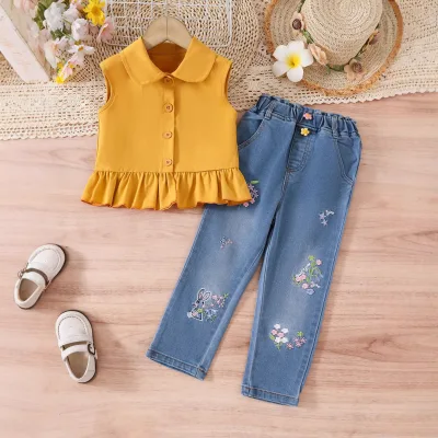 Cross-border Girls' Denim Two-Piece Set 2026 Spring/Summer New Style Baby Girl Shirt Stylish Casual Long Pants Floral Pattern