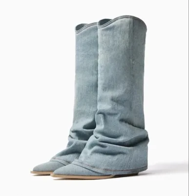 Women Denim Boots with PU Lining Fleece Midsole and Rubber Outsole Slouch Knee High Blue Casual Boots for Autumn Winter Spring