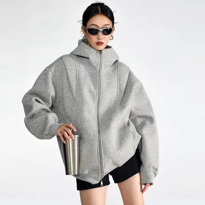 OEM Custom Embroidery Logo Wholesale Puff Printing Full Zip up Oversized Women Hoodie 500G GSM Heavyweight Hoodie Women
