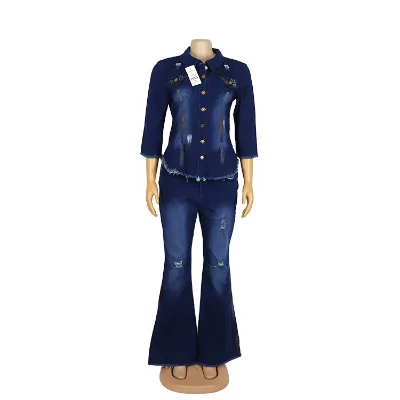 African Wash Denim Jacket Pencil Pants Two-piece African Women Jeans Pants Suits