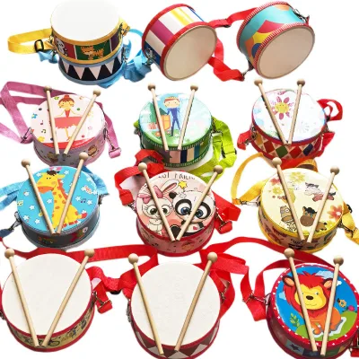 Wooden Kids Marching Drum Cartoon Pattern Double Sided Hand Drum Early Learning Percussion Toy with Shoulder Strap Drum Sticks