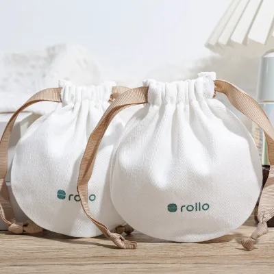 Custom Logo White Herringbone Cotton Drawstring Packaging Bag Small Cotton Drawstring Earrings Necklace Storage Bag