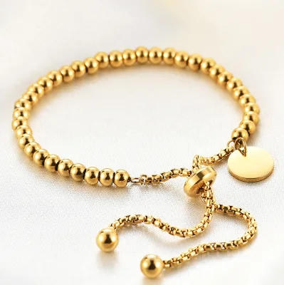 Ins 18K Gold Plated New Stainless Steel Simple Fashion Hangtag Adjustable Ball Bead Personality Bracelet for Women