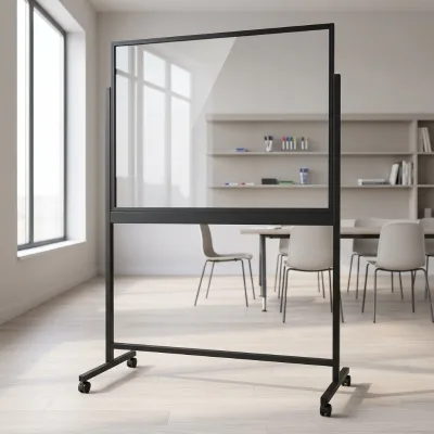Mobile Clear Tempered Glass Whiteboard on Wheels 90x120cm 4mm  Aluminum Frame Lockable Casters Full-Length Tray OEM Available