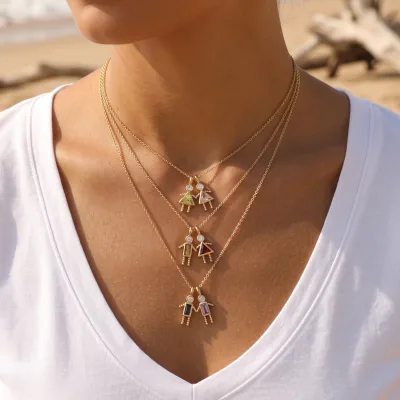 Personalized Boy Girls Holding Hands Pendant Necklace Colorful CZ Double Charms Gold Plated Fine Chain Kids Charm Jewelry Gift