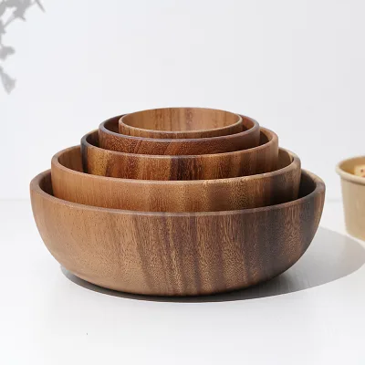 Wholesale Handmade Large Salad Fruit Food Serving Vegetable Mixing Bowl Round Natural Acacia Wooden Bowl for Restaurant Use