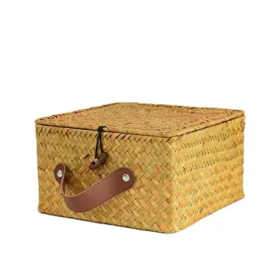 Woven Grass Desktop Storage Basket, Hand-woven Organizing and Storage Basket Household with Leather Hanging Box