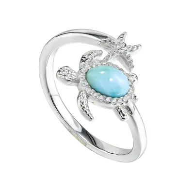 925 Sterling Silver Natural Larimar Oval Cut Sea Turtle Ring Women Cute Ocean Animal Jewelry Wedding Mother's Day Christmas Gift