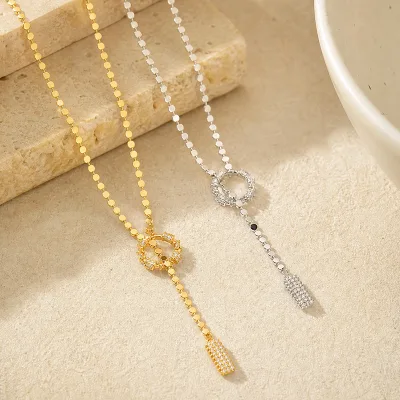 Brass OT Toggle Lariat Y Drop Disc Bead Chain Zircon Paved Tassel Pendant Necklaces