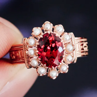 Lab Grown Gemstone 14K Solid Gold Ruby Halo Ring Lab Created Ruby Natural Pearl Wedding Ring Women