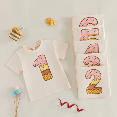 Summer New Arrival Boys Girls Letter Print Short Sleeve Pullover Shirts Birthday Children's Numbers Cotton T-shirt
