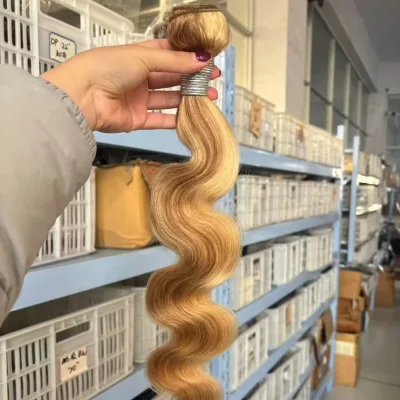 P27/613 Brazilian Remy Human Hair Weft Bundles Wavy Honey Blonde Piano Color Machine Double Weft No Shedding