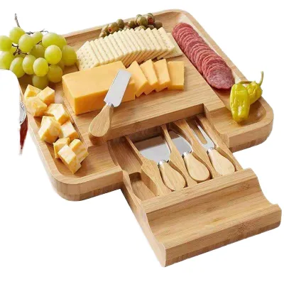 Bamboo Cheese Board With Drawer and Forks Knife Set for Cheese and Crackers - Sturdy Bamboo Cutting Boards