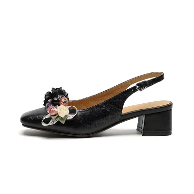 Women's Floral Slingback Sandals Square Toe Block Heel Pearl Crystal Mary Jane Pumps