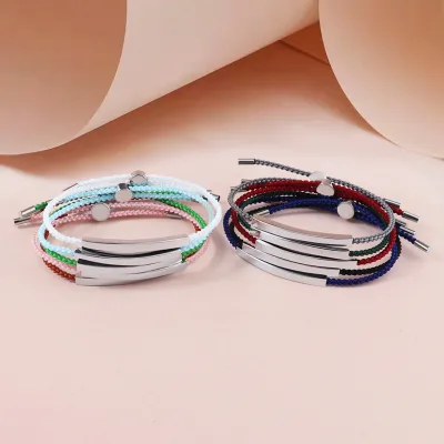Wholesale Blank Laser Engraving Adjustable Jewelry Mirror Polished Stainless Steel Curved Tube Braided Rope Bracelet for Unisex