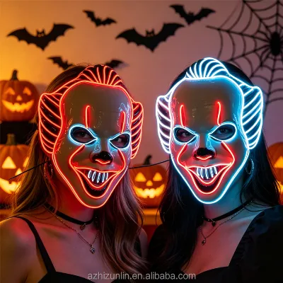 Wholesale Horror Halloween LED Neon El Wire PVC Material White Clown Mask Scary Role Playing Carnival Children Cosplay Party