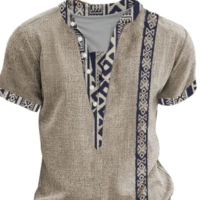 Vintage Ethnic Style Men's Short Sleeve 100% Polyester Knitted Shirt Casual Versatile Holiday Essential Printed for Summer