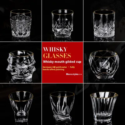 Modern Embossed Design Liquor Various Styles Glass Crystal Wine Whiskey Glass with Gold Line