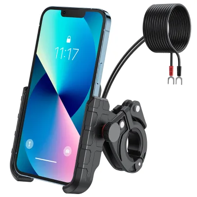 Motorcycle USB Phone Mount Charger Handlebar/Rear-View Mirror Cellphone Holder 360 Rotation Waterproof 12V/24V QC 3.0 Fast