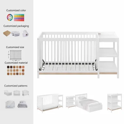 Montessori Daycare Natural Wood 4-in-1 Crib with Integrated Storage Shelf Changing Table Kindergarten Bed Preschool Single Bed