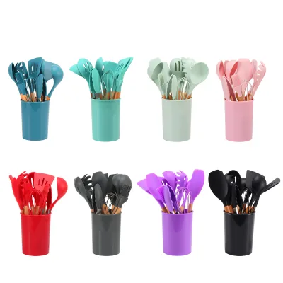 12 Pieces in 1 Set Silicone Kitchen Accessories Kitchenware Cooking Tools Kitchen Silicone Utensils Set With Wooden Handles