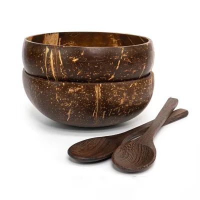 High Quality Custom logo Hand Made Eco Friendly Organic Unpolished Small Wood Salad Coconut Shell Bowls with Spoons