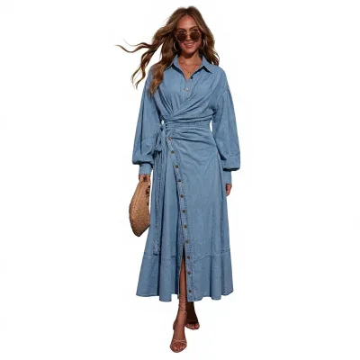 Europe America 2026 Autumn Spring Women's Casual Denim Butterfly Decorated Lace-up Lantern Long-sleeve Midi Dress Quick Dry