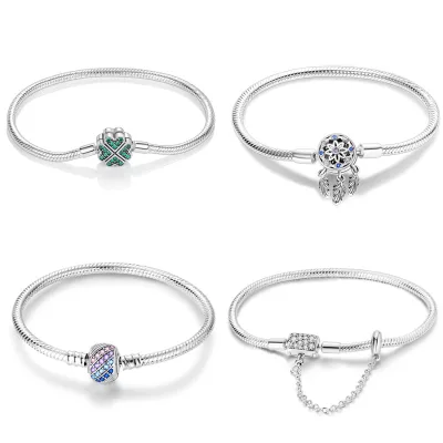Cooper Silver Plated Snake Chain Bracelet with Clover for Women Zircon Dreamcatcher Charms for Jewelry Making