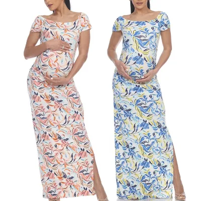 Maternity Clothes Wear Pregnancy Dress Bodycon Fitted Tropical Maternity Maxi Dress With Side Slit
