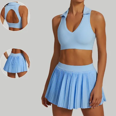 Hot Selling V Neck Turn-down Collar Hollow Out Top and High Waist Pleated Skirts Tennis Wear Workout Two Piece Tennis Skirts Set