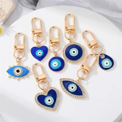 Blue Enamel Blue Eye Bead Waterdrop Heart Charm Keychain Protective Lucky Charm Keyring Car Bag Pendant Jewelry