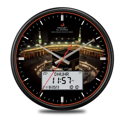AL-FATIHA Clock Wall Azan Hour with Big Screen Iqamah Hijri Calendar Daily Alarm HD Adhan Sound Qibla Compass Audio Out Alarmer