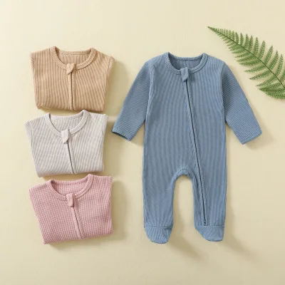 Kaiyue Infant Pajamas Waffle Soft Breathable Cotton Long Sleeve Onesie with Antislip Zipper Cute Baby Rompers