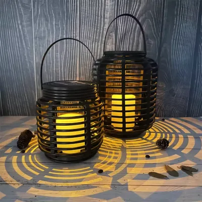 Hanko Solar Garden Light Antique Lantern With Pvc Rattan Solar Column Shaped Rattan Basket