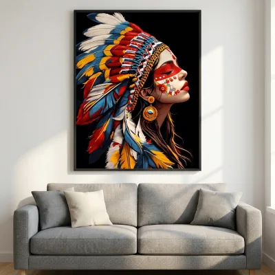 Woman Feather Headdress Portrait Acrylic Painting Colorful Ethnic Wall Art for Living Room Bedroom Home Decoration