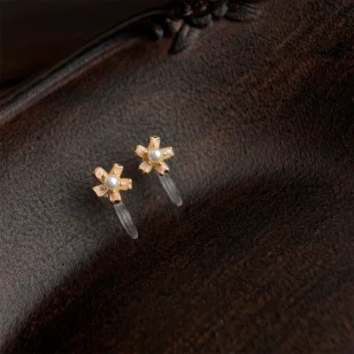 Copper Vintage Invisible Ear Clips Clip-on Earrings 18K Gold Plated Flower Enamel for Women