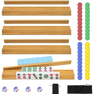 Whole Set Mahjong Tools 4 Magnetic Racks 4 Pushers 40 Chips 4 Dice Mahjong Tiles Magnetic Wooden Mahjong Row Racks with Pushers