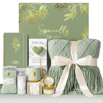 Luxury Self Care Gift Box for Women With Knit Throw Blanket Ribbed Coffee Mug Journal and Spa Products Mothers Day Gift Set