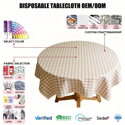 Disposable PE Plastic Beige Gingham Waterproof Oilproof ISO9001 Certified Tablecloth for Home Cafe Picnic Party 132/130inch