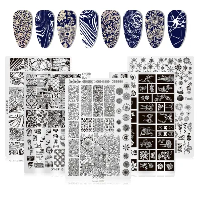 Chinese & French Style Nail Stamping Plates with Mother Pearl All Floral Checkered Fireworks Patterns Nail Transfer Molds