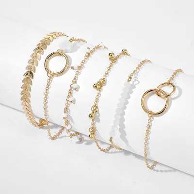6pcs/set Simple Circular Bracelet - Personalized Small Flower Arrowhead Leaf Beaded Bracelet Pearl Chain Bracelet for Women