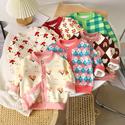 Autumn Winter New Korean Children's All-match Knitted Coat Boys Girls Baby Warm Cardigan Checkered Pattern Thickened