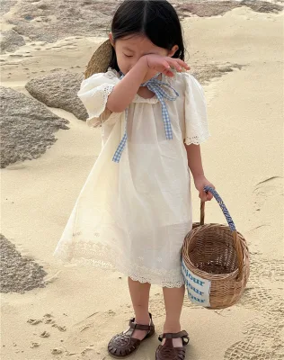 2023 Summer Korean Edition Children's Embroidered Lace Short Sleeve Dress Girls' Lace Collar Vintage Long Dress