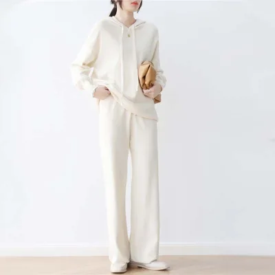 2022 Fashion Knitted Solid Color Comfortable Hooded Loose Top Wide Leg Pants Women's Sweater Suit