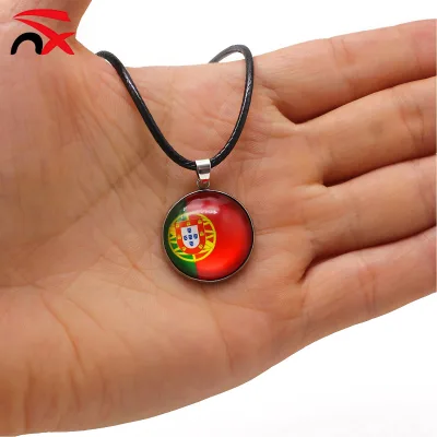 Vintage Style Portugal Soccer Flag Lanyard Necklace for Football Fans Pendant with Black Leather String Unisex Sports Jewelry