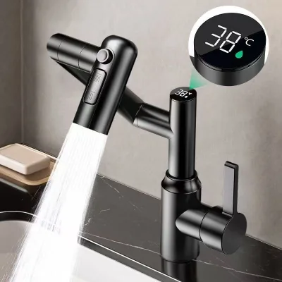 Stainless Steel Basin Faucet Hot Cold Water Robotic Arm Multi-functional Rotating Spout Three-speed Water Flow Modes Digital