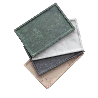 Natural Rectangular Marble Art Deco Engraved Decorative Vanity Tray Polished Stone Bathroom Kitchen Coffee Decor