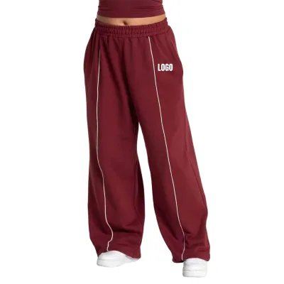 Hot Sale Women Loose Fit Wide Leg Terry Cotton Sweatpants Joggers Drawstring Breathable Mid Winter Plain Dyed Embroidery