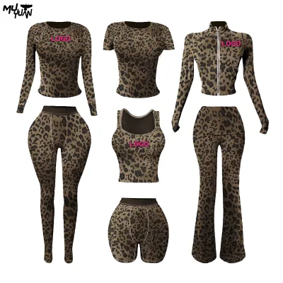 Casual Sexy Modest Leopard Print Two Piece Cotton Knitting Jacket Legging Fold Over Flared Pants Women Custom Loungewear