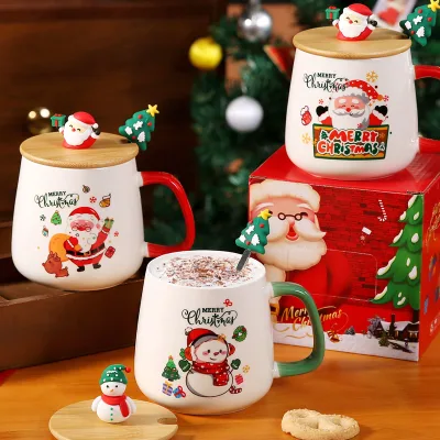 Christmas Mug Set Ceramic Bamboo Lid Silicone Topper Santa Snowman Stirring Spoon Barrel Shape Gift Box MERRY Cheerful